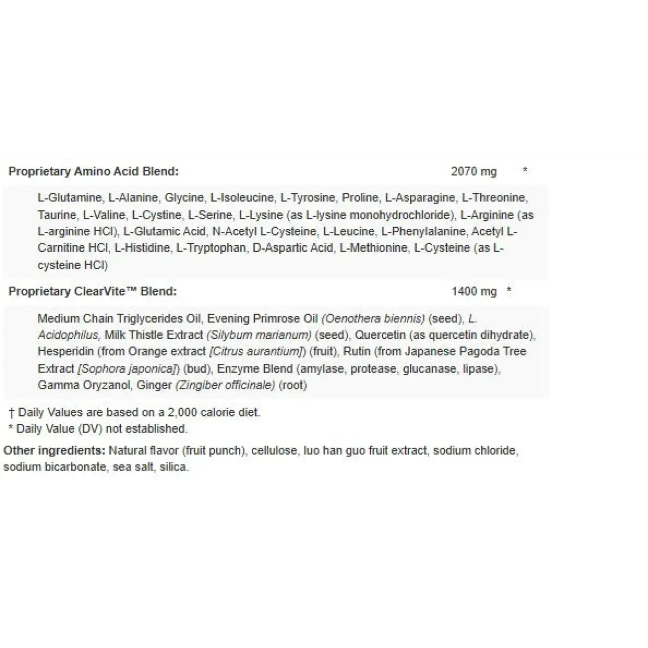ClearVite-GLB detox supplement ingredients list showing amino acid blend and proprietary ClearVite blend