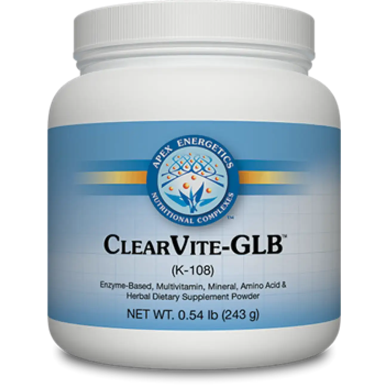 ClearVite-GLB detox supplement powder jar by Apex Energetics with enzyme multivitamin and minerals