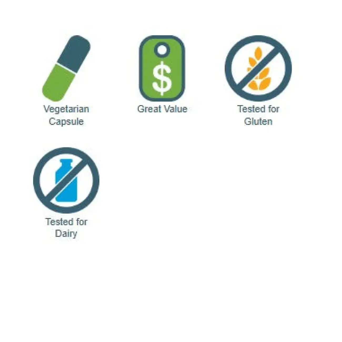 Icons showing vegetarian capsule, great value, gluten and dairy tested for Apex Energetics Fibromin K-25 supplement