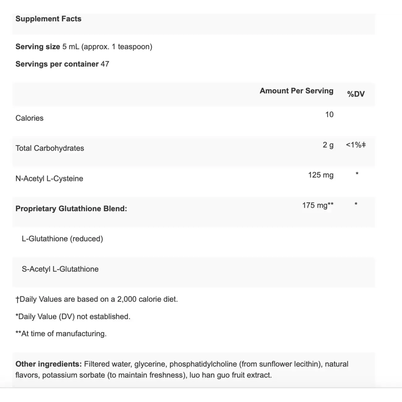 Supplement facts label for Apex Energetics K-122 liquid glutathione showing serving size and ingredients