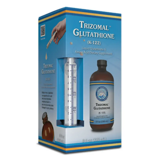 Apex Energetics K-122 liquid glutathione Trizomal Glutathione dietary supplement bottle and measuring syringe