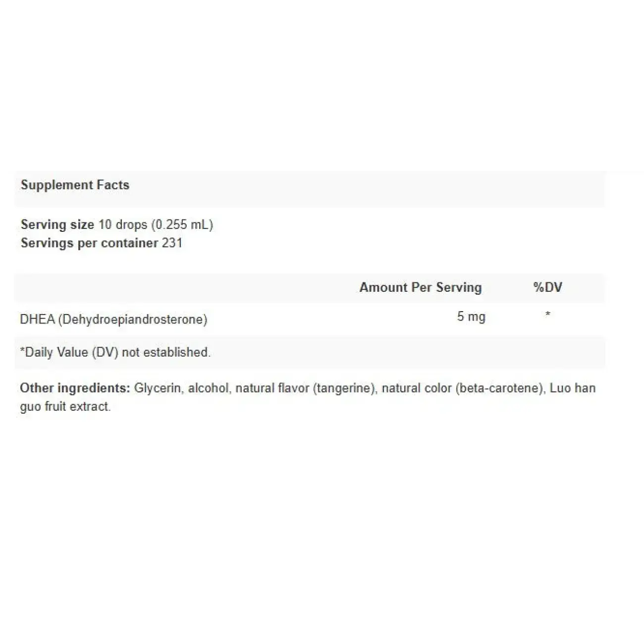 Supplement facts label for Apex Energetics DHEA supplement showing serving size and ingredients