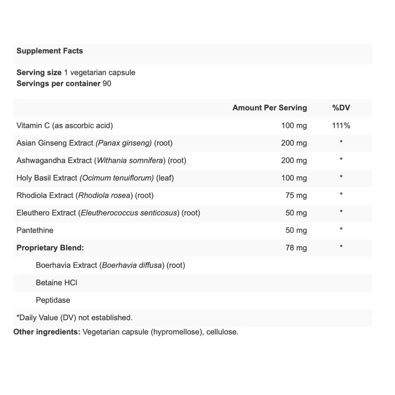 Supplement facts label of Apex Energetics K-2 Adaptocrine supplement showing ingredients and dosage per serving