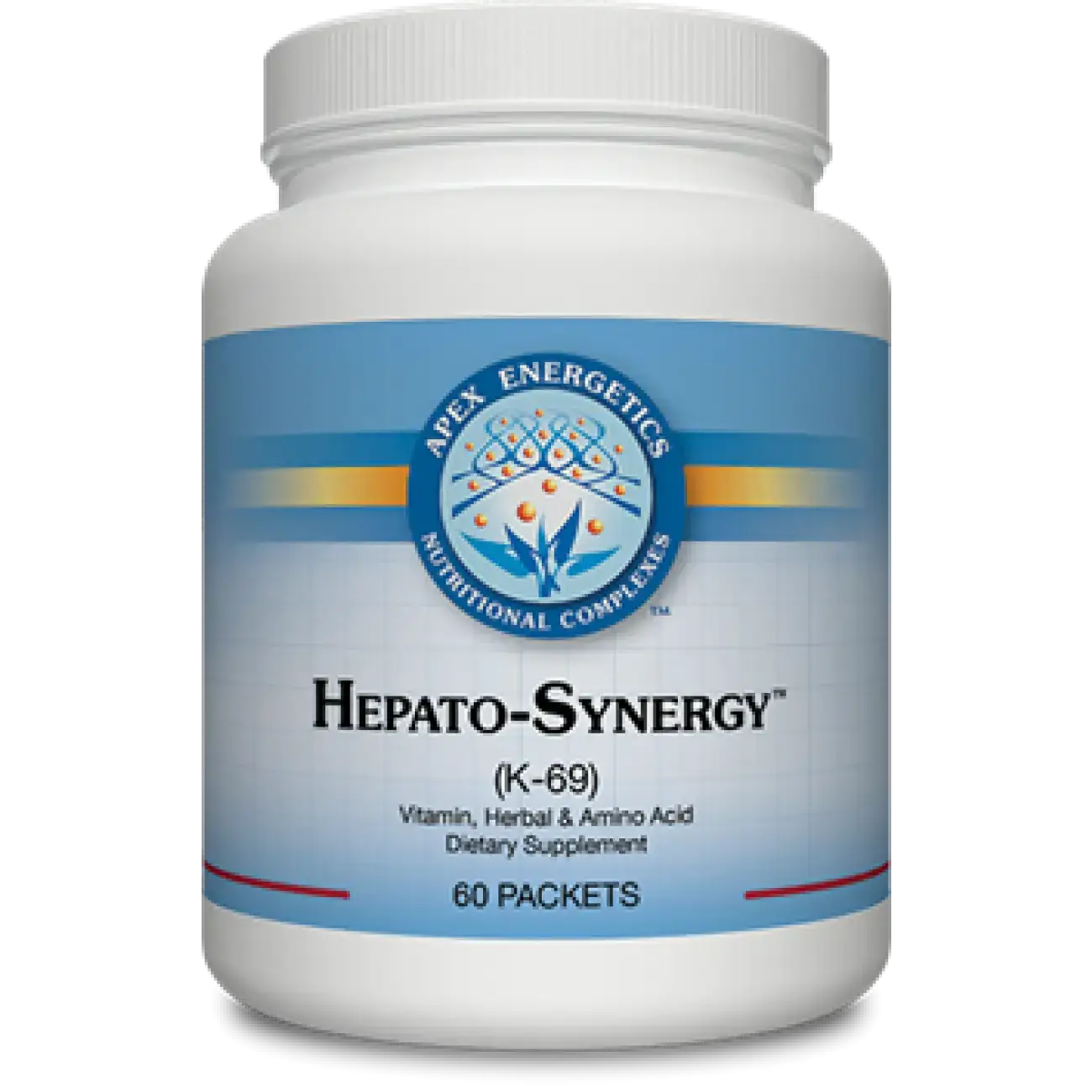 Apex Energetics K-69 Hepato Synergy formula dietary supplement bottle with 60 packets