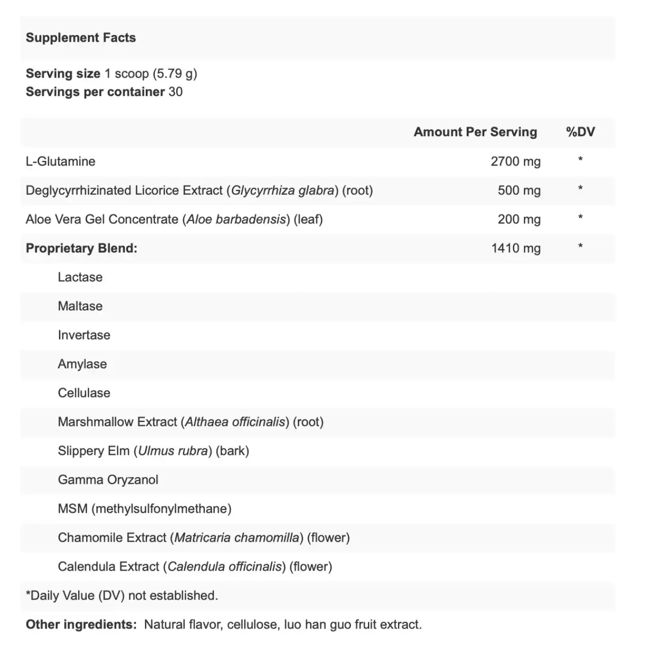 Supplement facts label showing ingredients and serving size for Apex Energetics RepairVite K-60 supplement