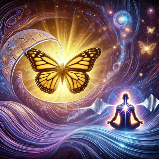 Abstract cosmic scene with glowing butterfly symbolizing personal transformation coaching