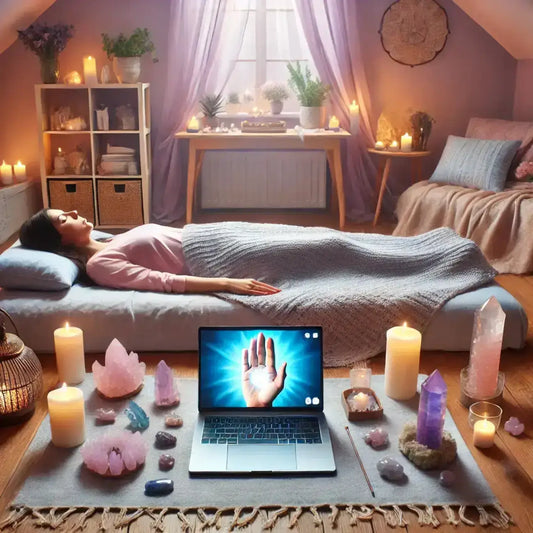 Calm woman lying down in peaceful room with crystals and laptop showing Distant Reiki Healing Session
