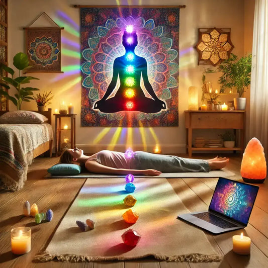 Person lying on floor with chakra stones aligned and laptop for remote reiki chakra balancing session