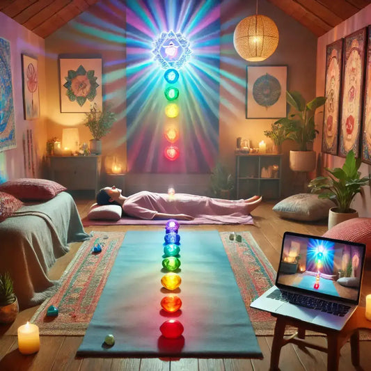 Remote reiki chakra balancing session with person lying down and colorful chakra lights in cozy room