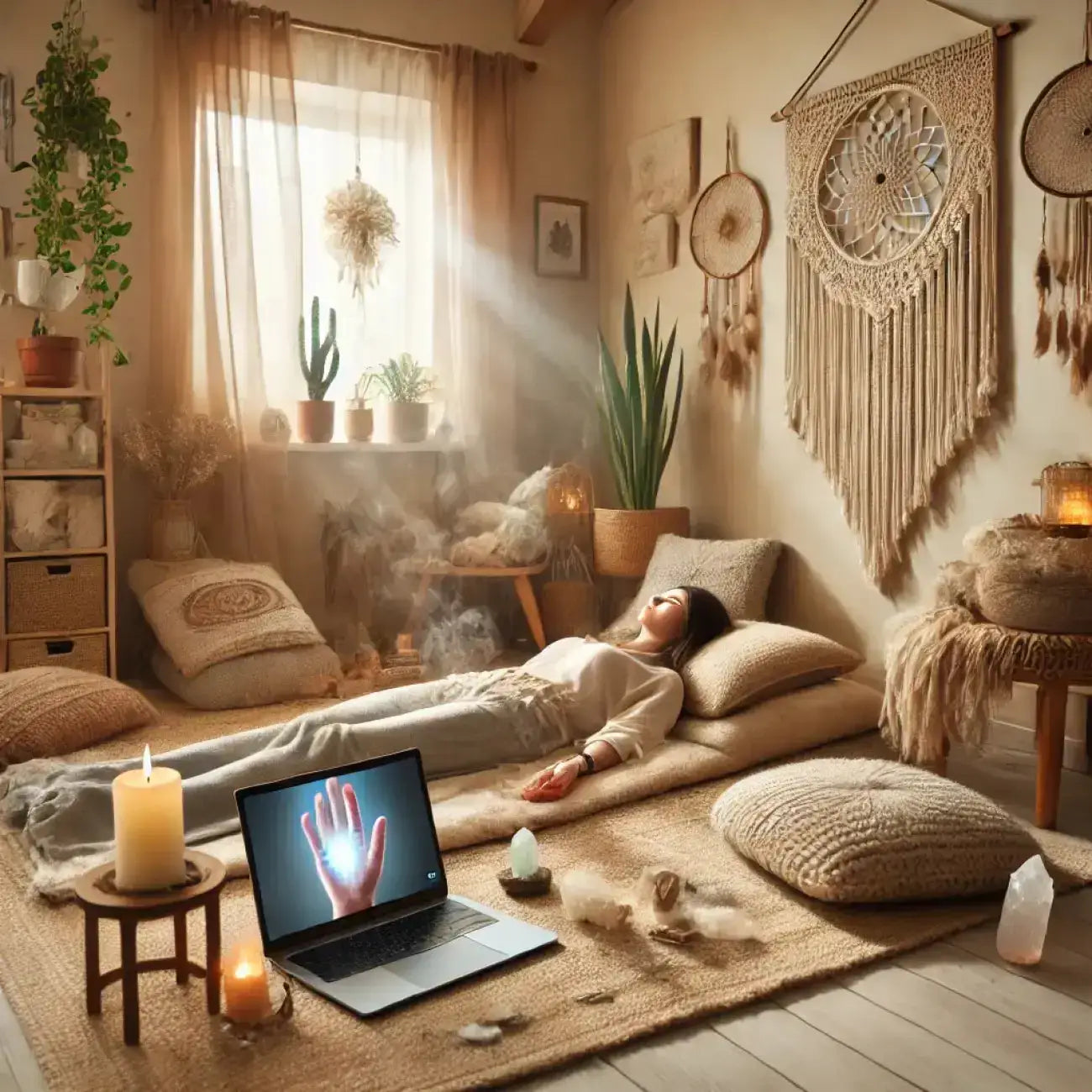Woman receiving a remote reiki healing session in a cozy bohemian room with crystals 