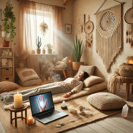 Woman receiving a remote reiki healing session in a cozy bohemian room with crystals 